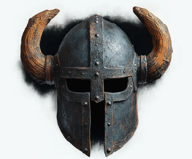 Weathered medieval helmet with curved wooden horns on white studio background