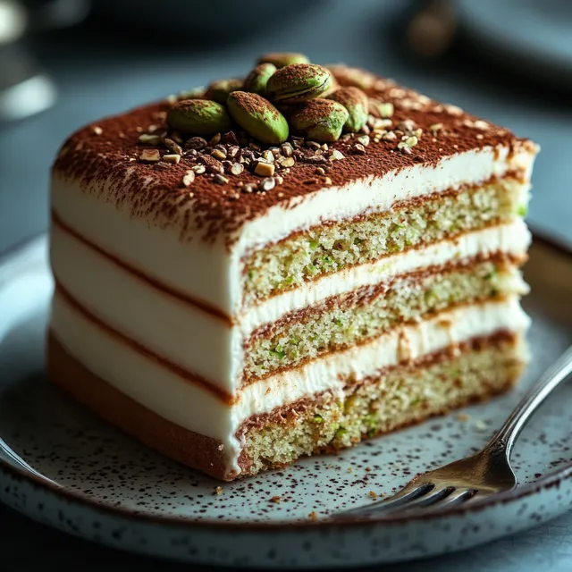 Layered pistachio and cream cake slice on a ceramic plate with cocoa dusting and whole pistachios next to a fork.