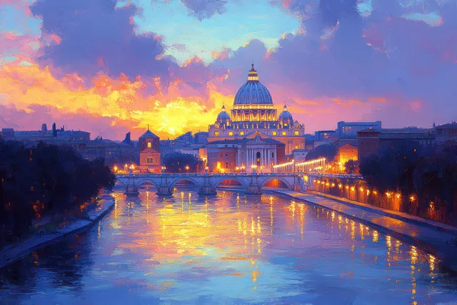 Saint Peter Basilica and lit Via della Conciliazione in Rome at twilight with domes glowing beneath a purple sky.