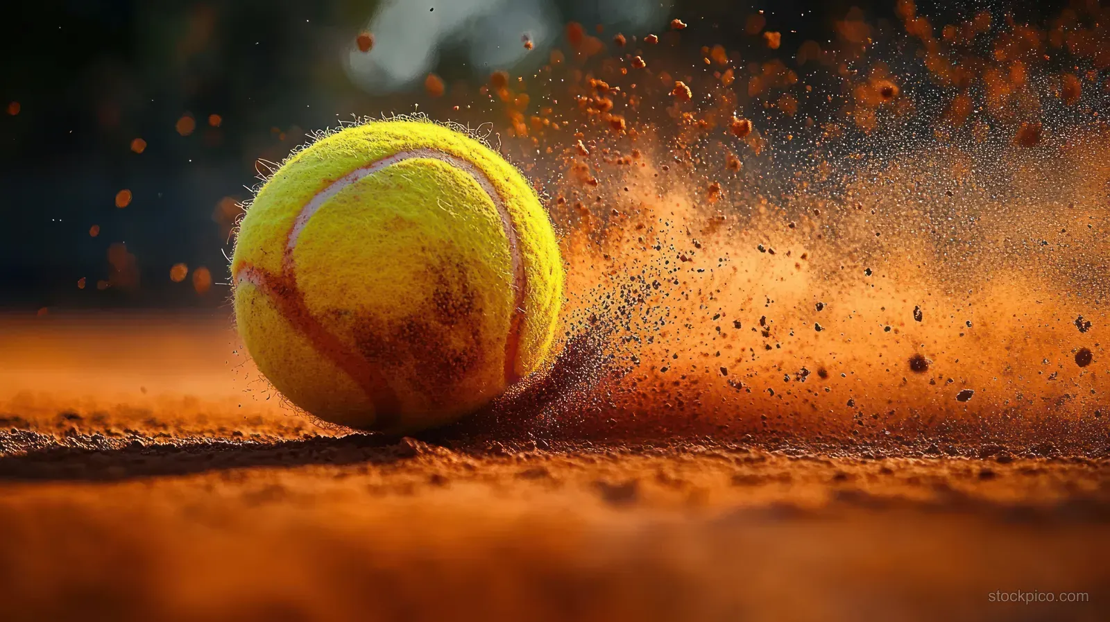 A yellow tennis ball hits a red clay court, throwing up dust particles in mid-bounce.