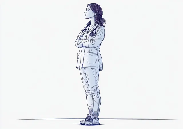 A female doctor stands with arms crossed in a lab coat and stethoscope on a white background.