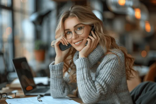 Smiling businesswoman takes notes while speaking on a smartphone in modern office