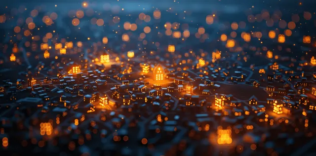 Vista aérea de um bairro suburbano iluminado com nós de rede brilhantes e linhas de conexão de dados sobre os telhados.