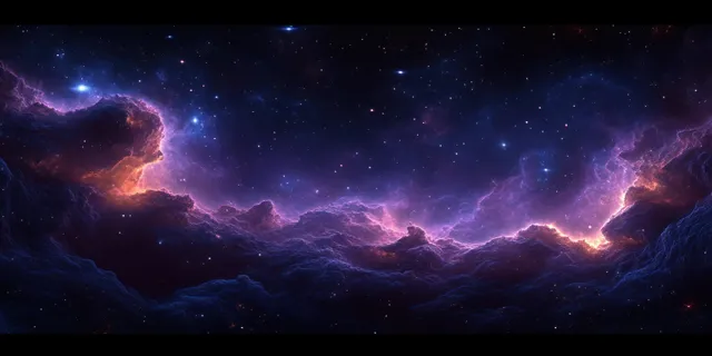 Surreal purple nebula clouds glow across a star-filled night sky.