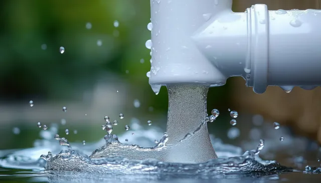 A metal pipe leaks with water droplets splashing onto a wet puddle on the ground.
