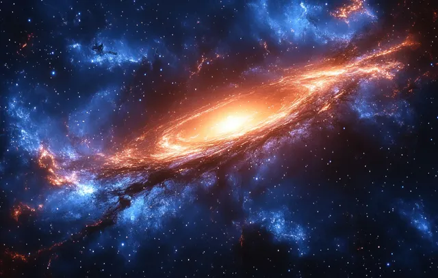 A spiral galaxy glows with an orange core while a dark black hole silhouette sits in nebula-filled space.