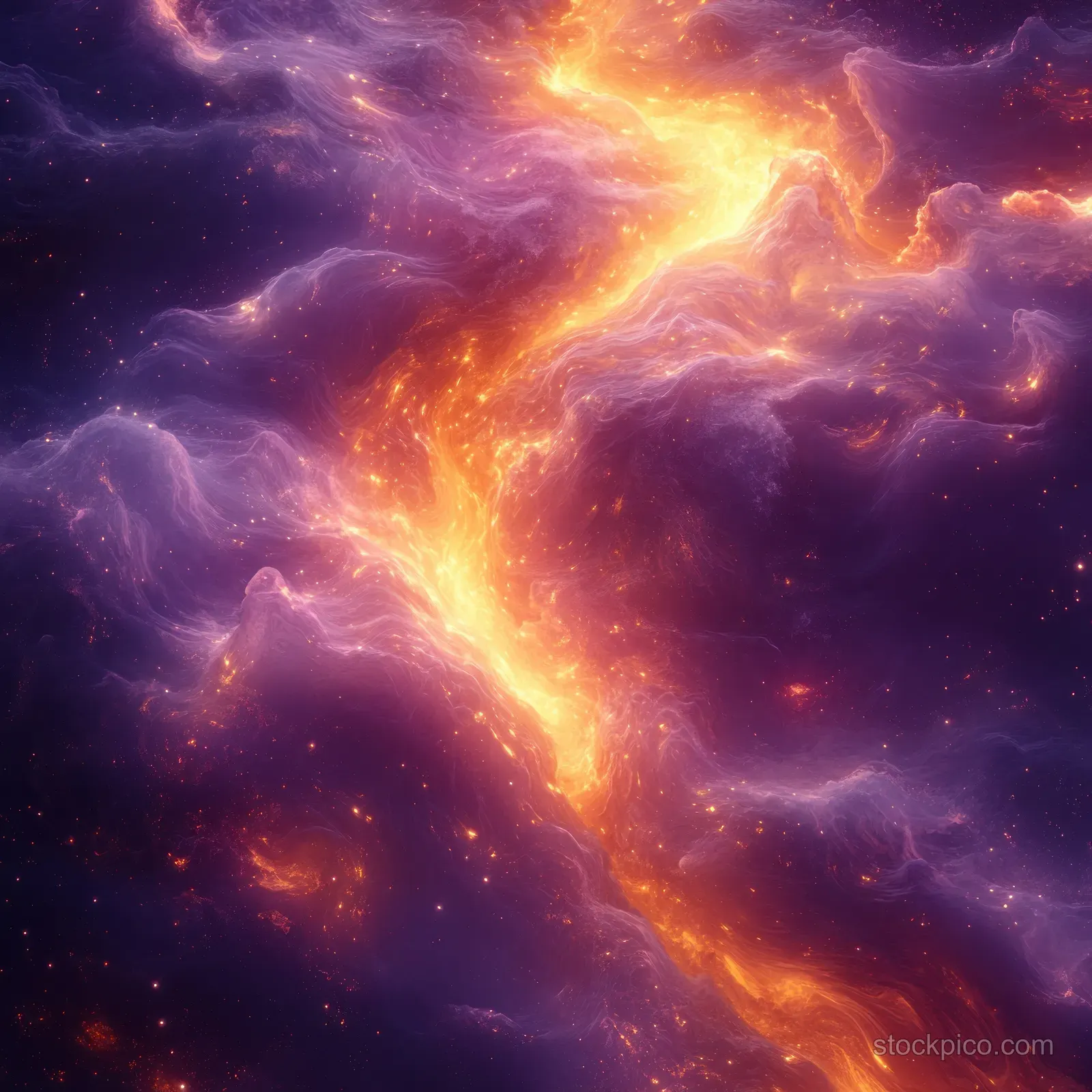 Purple and gold electric energy waves spiral through a cosmic nebula with glowing lightning streaks.