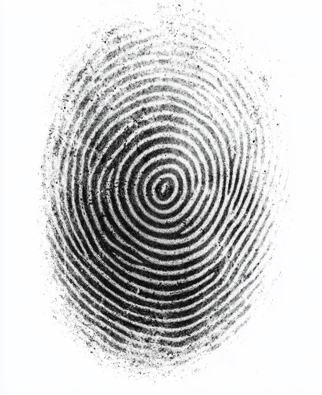 Monochrome fingerprint ridges and whorls close-up on white background, distinct concentric detail