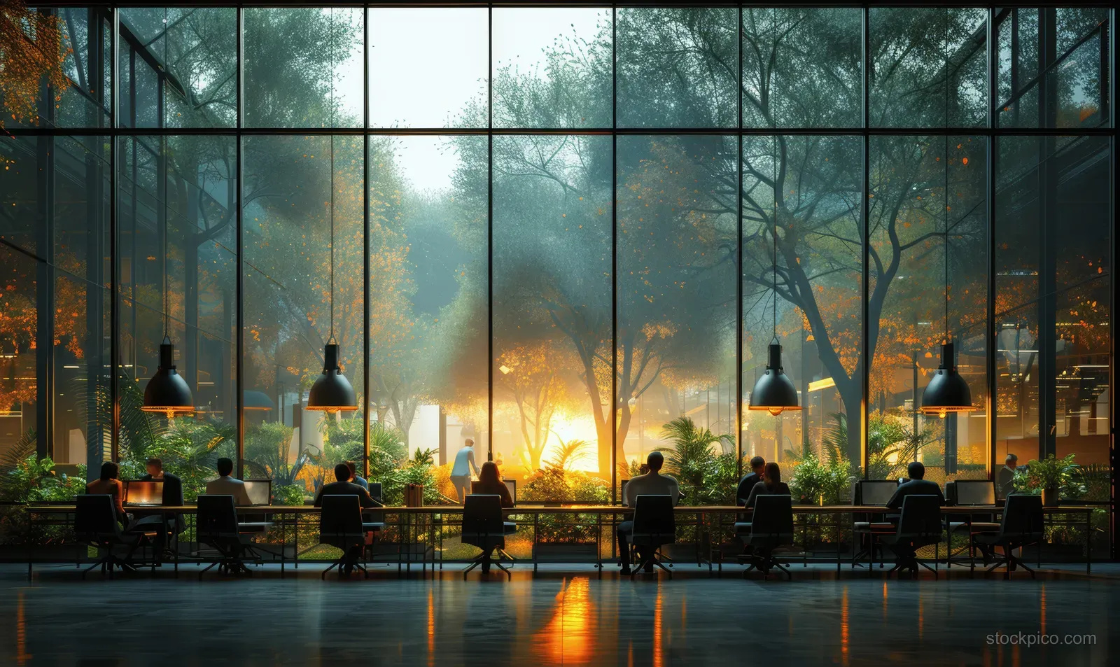 Blurred coworkers work around a table in a glass-walled office with green plants and sunset light.