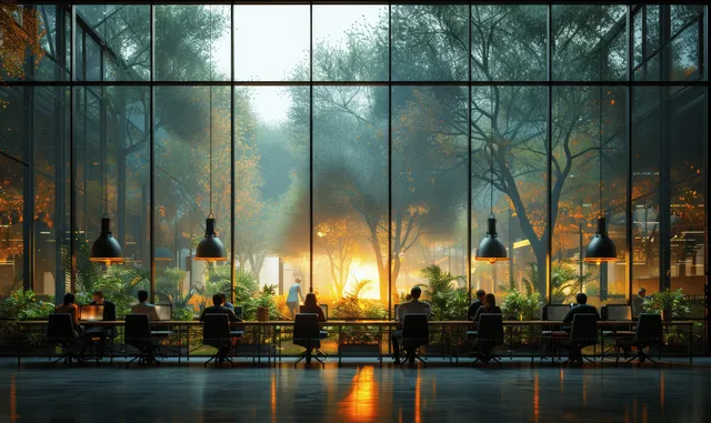 Blurred coworkers work around a table in a glass-walled office with green plants and sunset light.