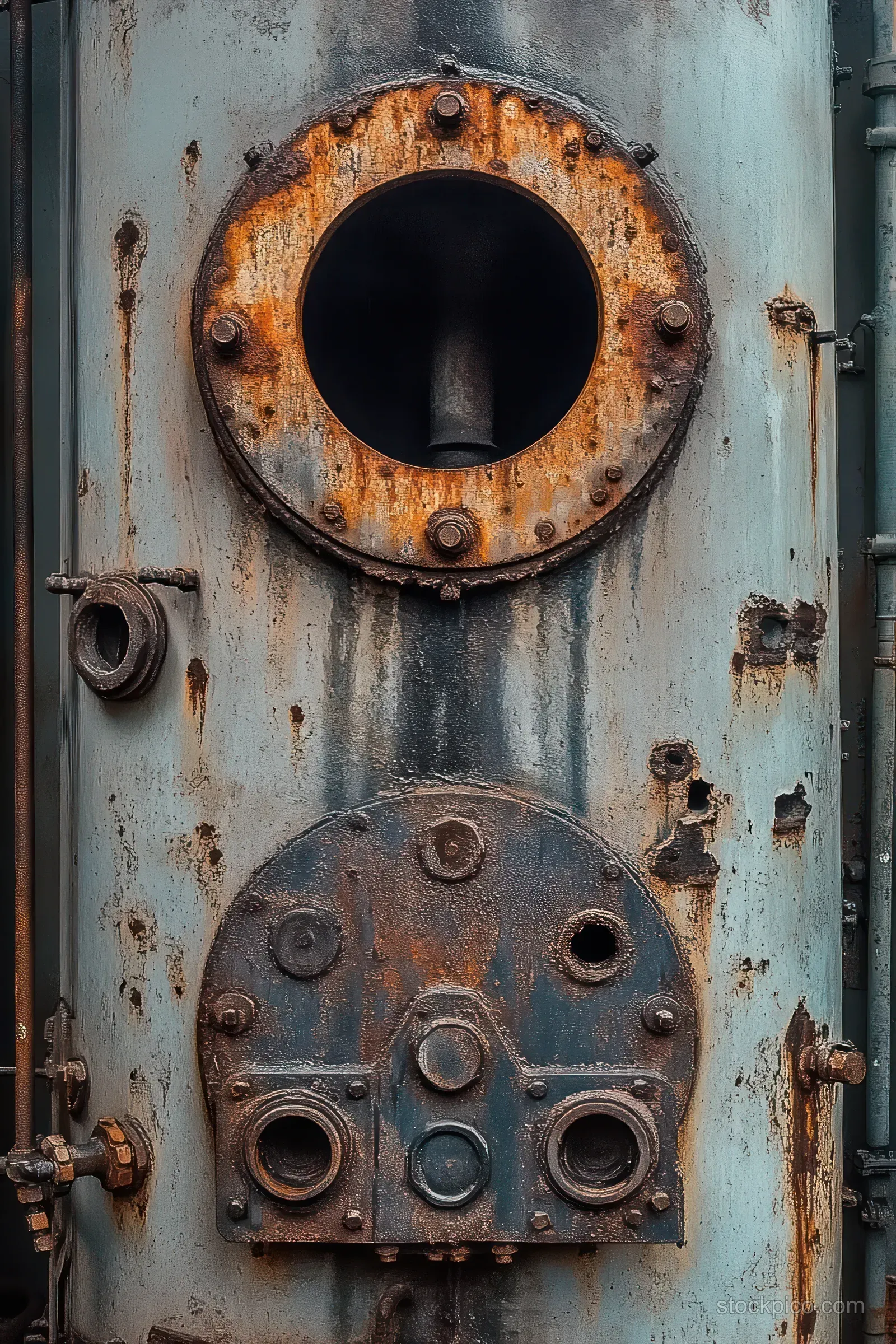 Faded blue metal panel with rusted circular openings and corroded bolts in tight close-up detail.