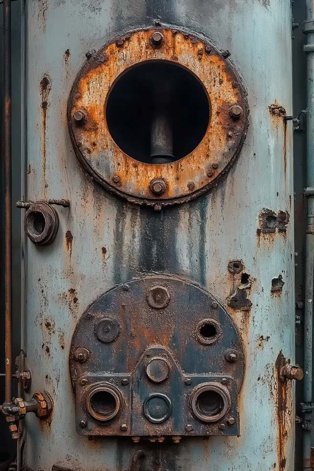 Faded blue metal panel with rusted circular openings and corroded bolts in tight close-up detail.