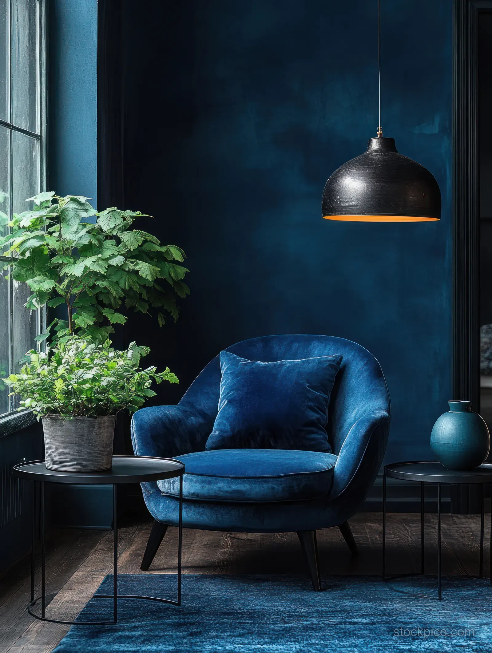 Blue velvet armchair in a dark lounge with a small coffee table, potted green plant, and warm pendant lamp light.