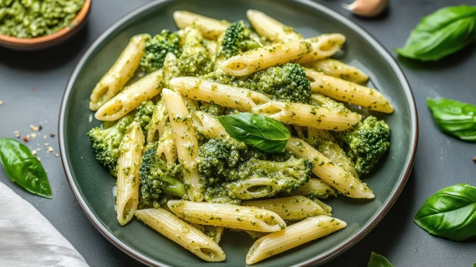 Penne pasta with broccoli and green basil pesto in a dark bowl on a gray table with basil leaves around.