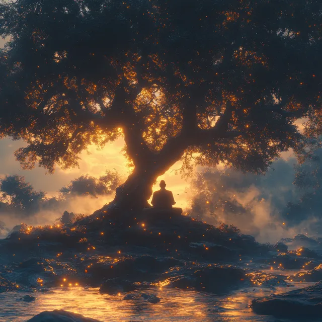 Buddha silhouette meditating under a large tree with golden sunrise glow and soft clouds.
