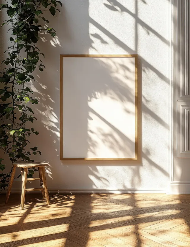Empty gold picture frame on a white wall with leaf shadows from sunlight filling the minimalist room.