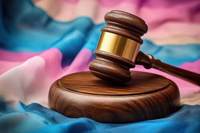 Wooden judge gavel on sound block atop transgender pride flag fabric with stripes