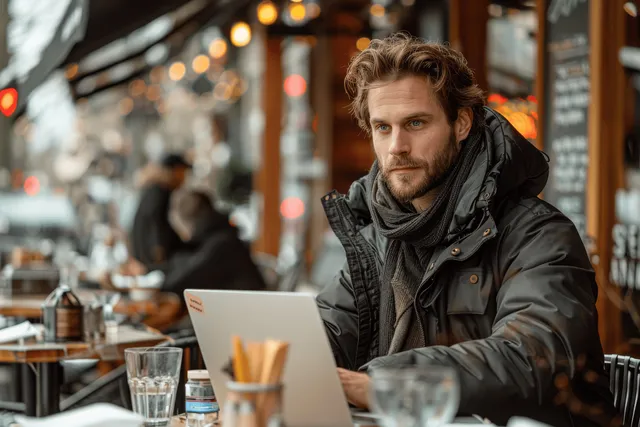 Man in cafe typing on laptop while taking an online survey and exam form
