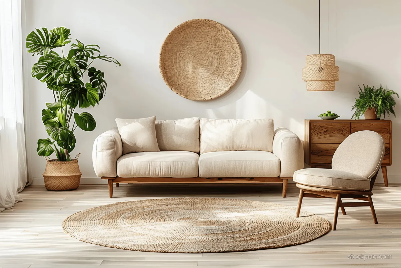 A Scandinavian living room with a beige sofa, armchair, round woven rug, wooden sideboard, and potted plants.