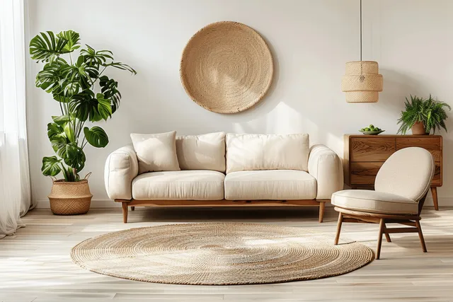 A Scandinavian living room with a beige sofa, armchair, round woven rug, wooden sideboard, and potted plants.