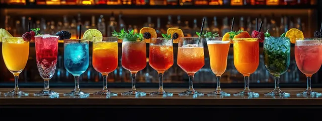 Colorful cocktails lined up on a bar counter, garnished with fruit slices and mint, with blurred bottles behind.