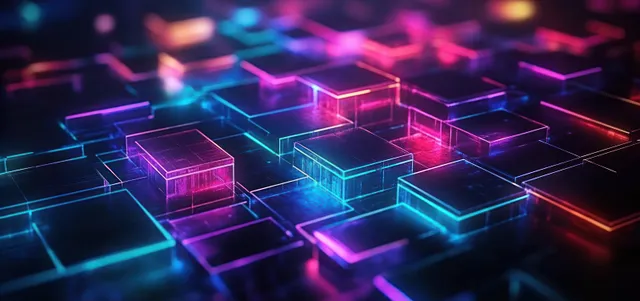 Neon glowing cubes float over dark cyberpunk network grid with vibrant magenta and cyan