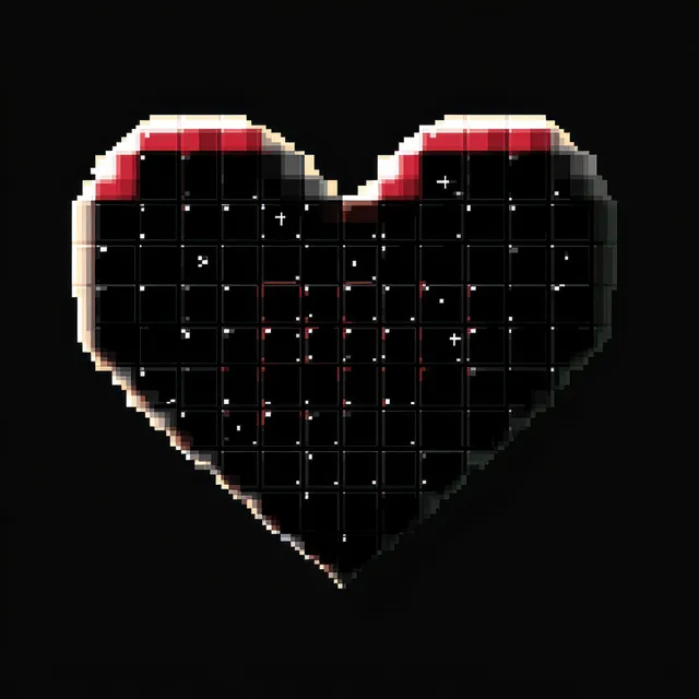 Symmetrical pixel heart on black grid background with white and red highlight