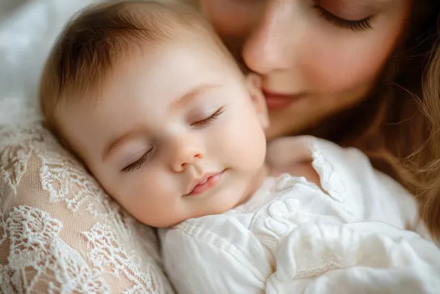 Sleeping baby resting in a caring adult's arms, soft close-up