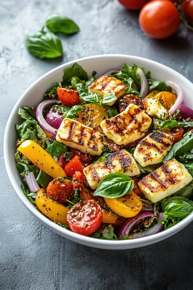 Fresh salad bowl with grilled cheese slices, cherry tomatoes, basil, and red onion on gray table