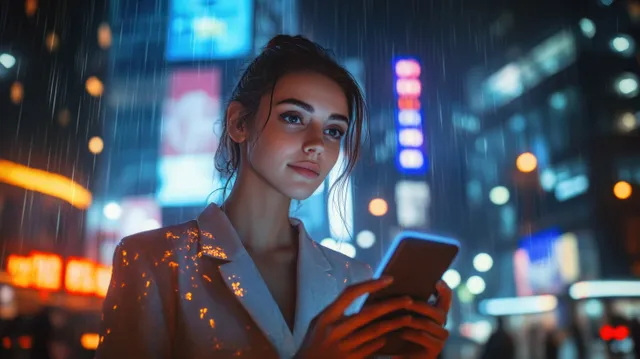 Businesswoman holding a smartphone on a neon night street with colorful bokeh city lights behind her.
