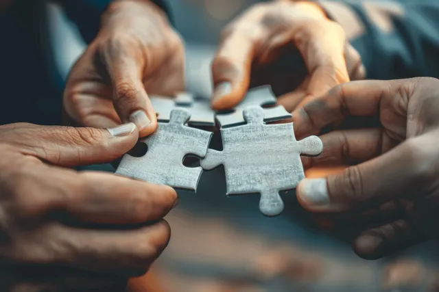 Multiple hands connect puzzle pieces together during a business teamwork meeting at a desk.