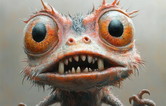 A fuzzy whimsical monster with oversized orange eyes and bared sharp teeth stares forward on a gray background.