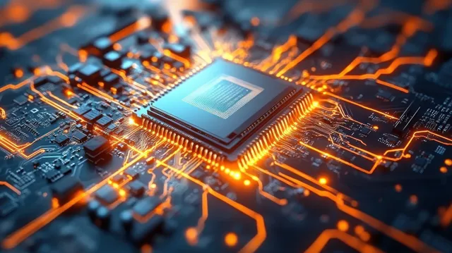 Glowing computer microchip on a circuit board with orange illuminated pathways with Shallow Depth Of Field