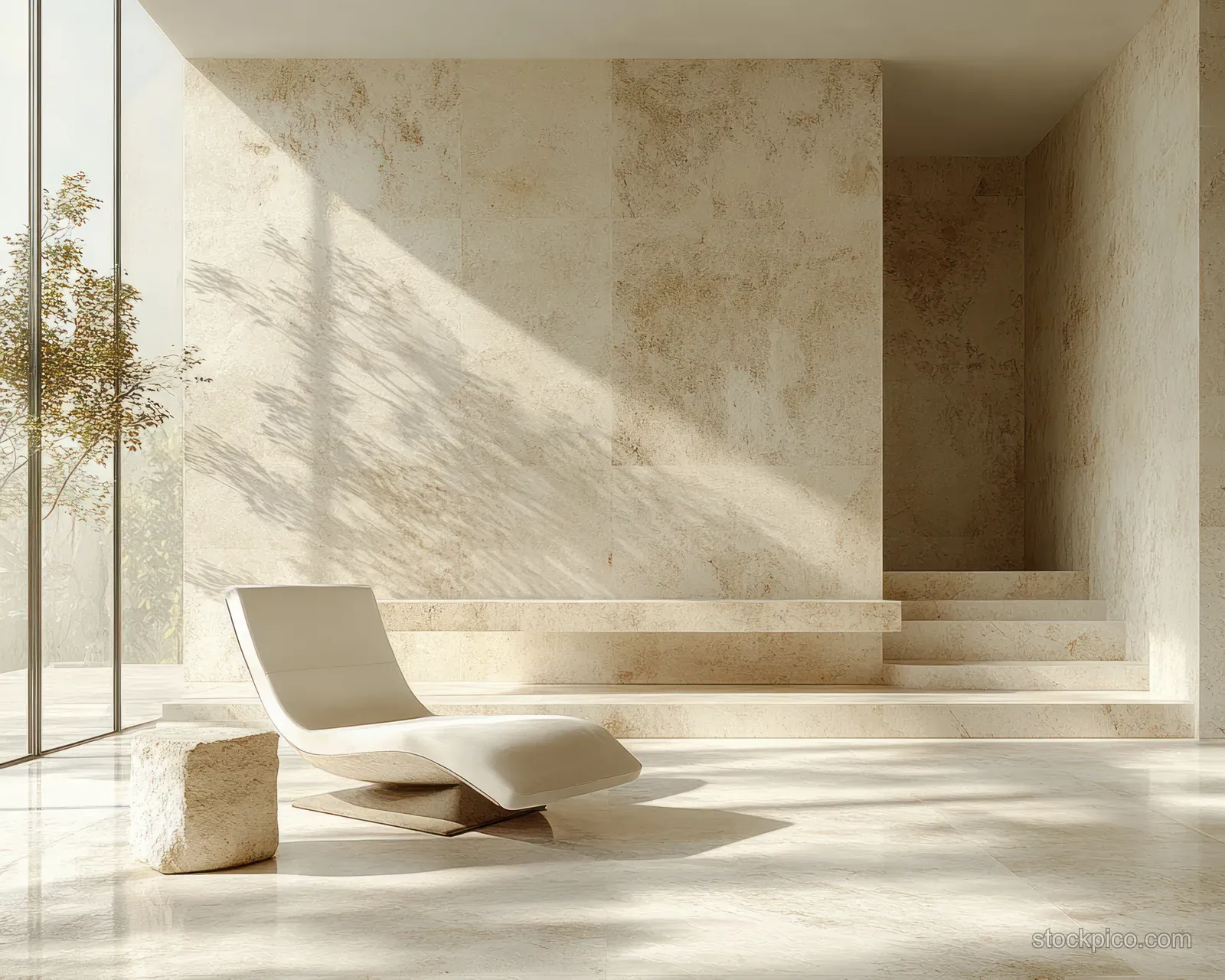 White lounge chair beside a stone table in a minimalist interior with soft sunlight and long shadows.