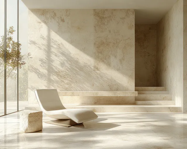White lounge chair beside a stone table in a minimalist interior with soft sunlight and long shadows.