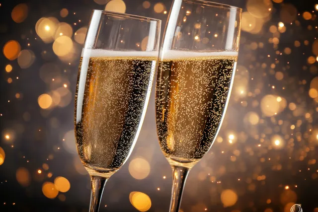 Two champagne flutes clink with golden sparkling bubbles under warm festive bokeh lights.
