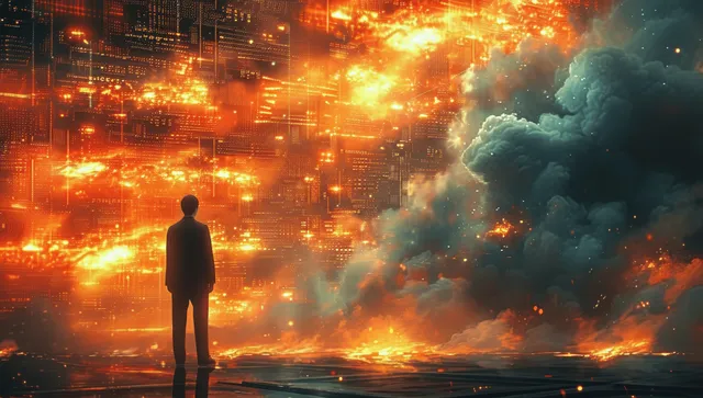 A lone person stands amid fiery digital circuitry, watching golden streams of transforming data and smoke fill the sky.