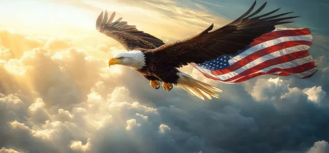 A bald eagle soars over clouds with an American flag ribbon streaming behind it in golden sunlight.