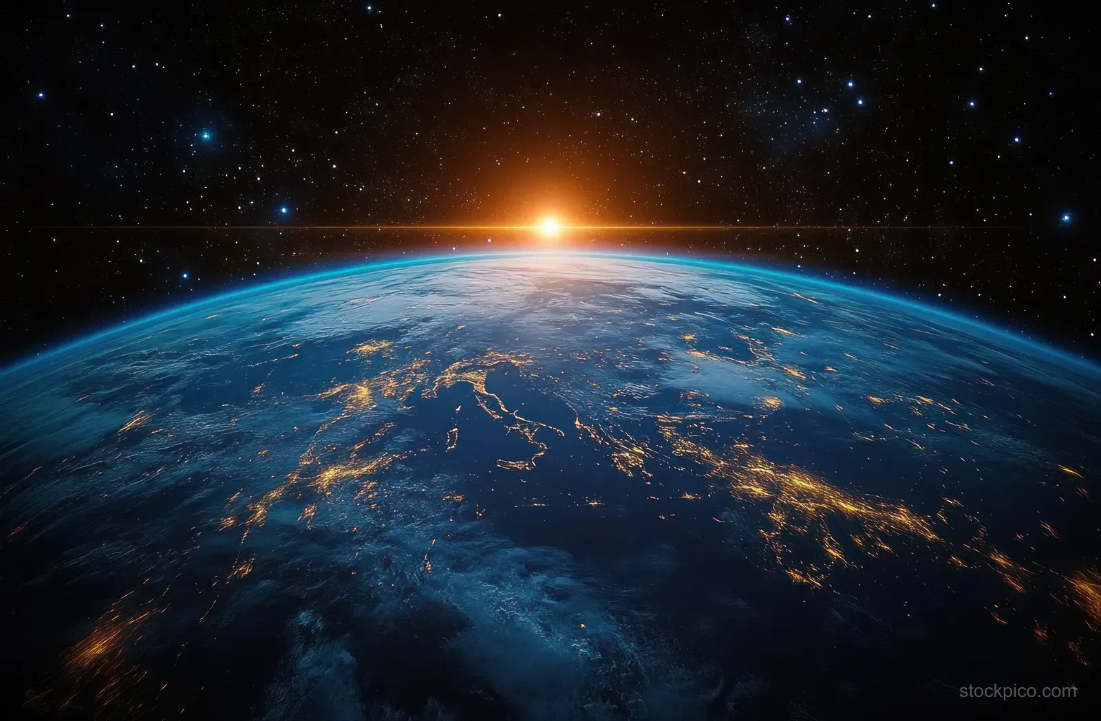 Curved Earth from space at sunrise showing glowing atmosphere, blue oceans, green land, and thin cloud bands.