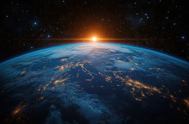 Earth viewed from space at sunrise, glowing horizon, curved oceans, vivid cloud bands