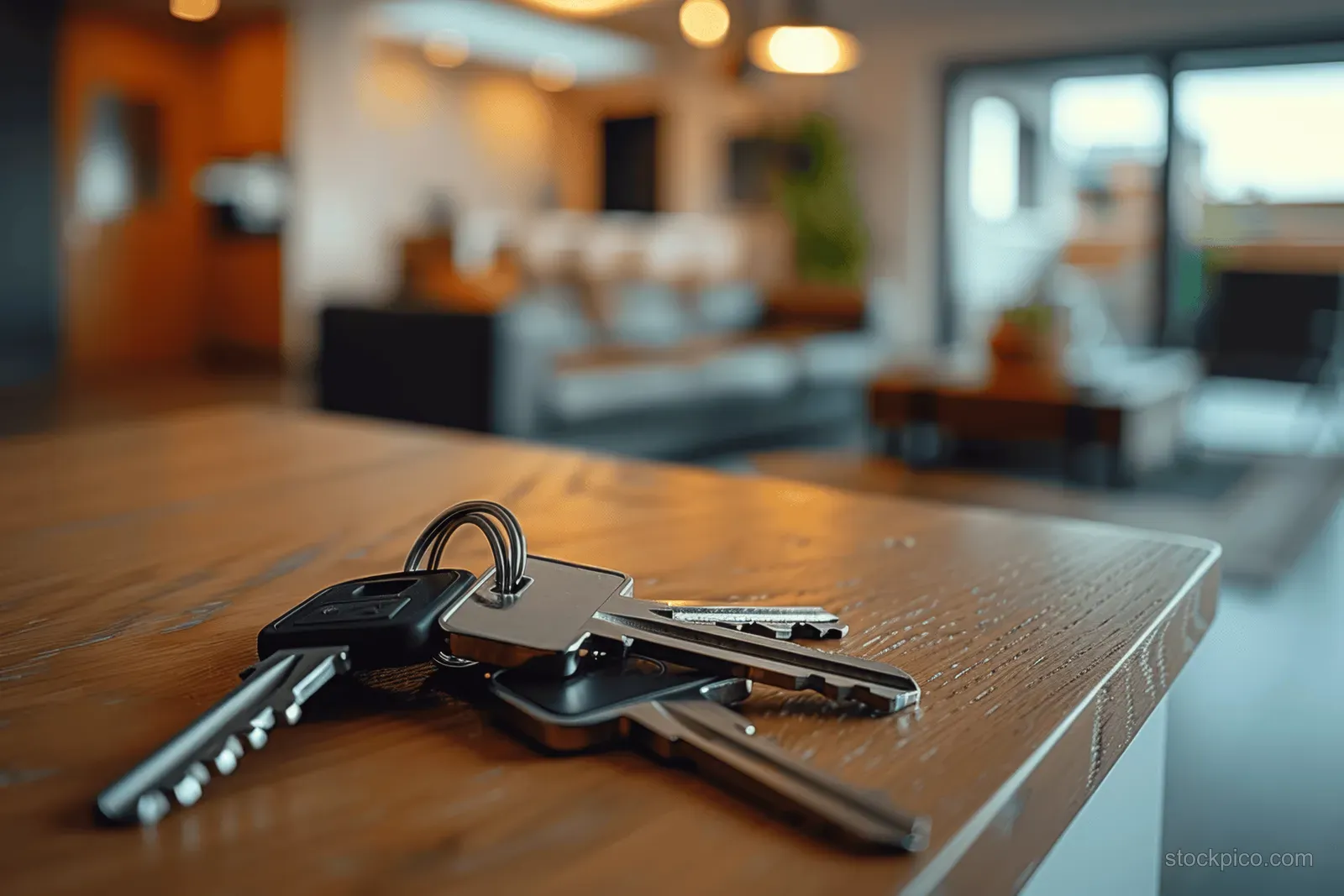 House keys lie on a wooden coffee table in a bright modern living room with blurred furniture.
