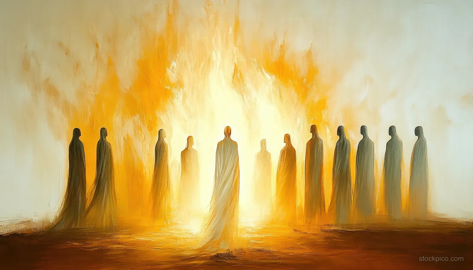 Believers stand in a circle surrounded by golden flames and light.