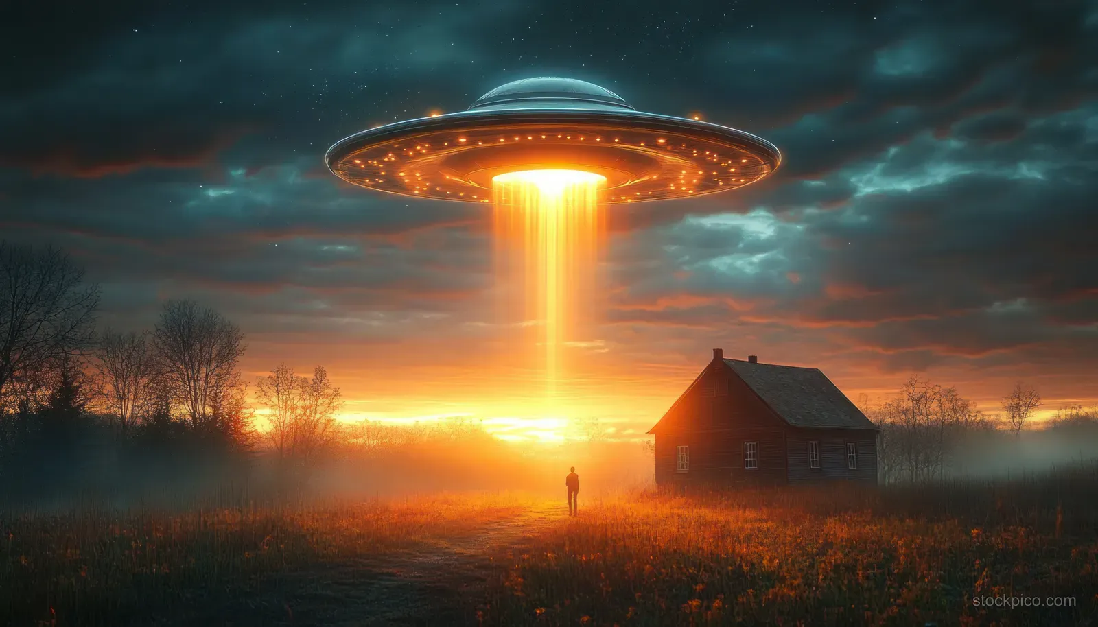 A glowing UFO hovers above a rural field, shining a beam of light onto a lone figure near a wooden house.