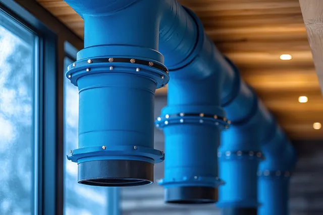 Blue ventilation ducts and junction fittings run along a warm-lit home ceiling.