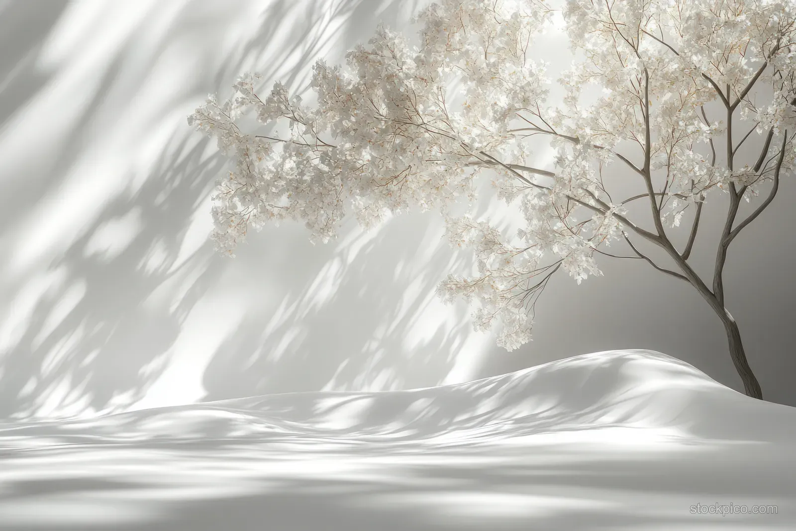 Tree branches and leaves cast dappled light and shadow patterns on a white wall.