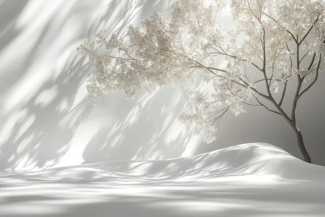 Tree leaves cast dappled shadows across a white wall, creating airy light patterns