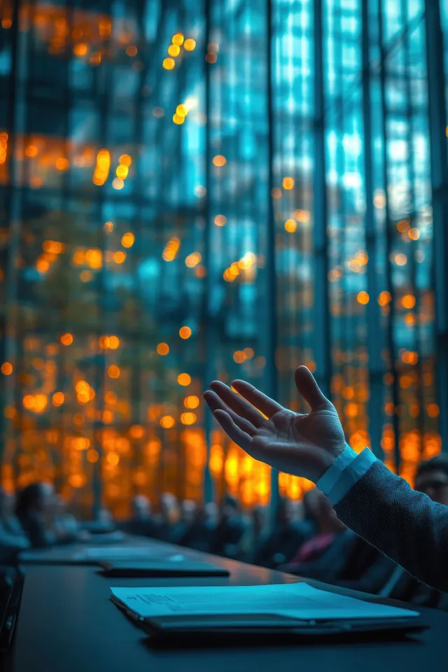 A presenter gestures toward an audience while resting a laptop and notes on a desk with glowing city lights behind glass.