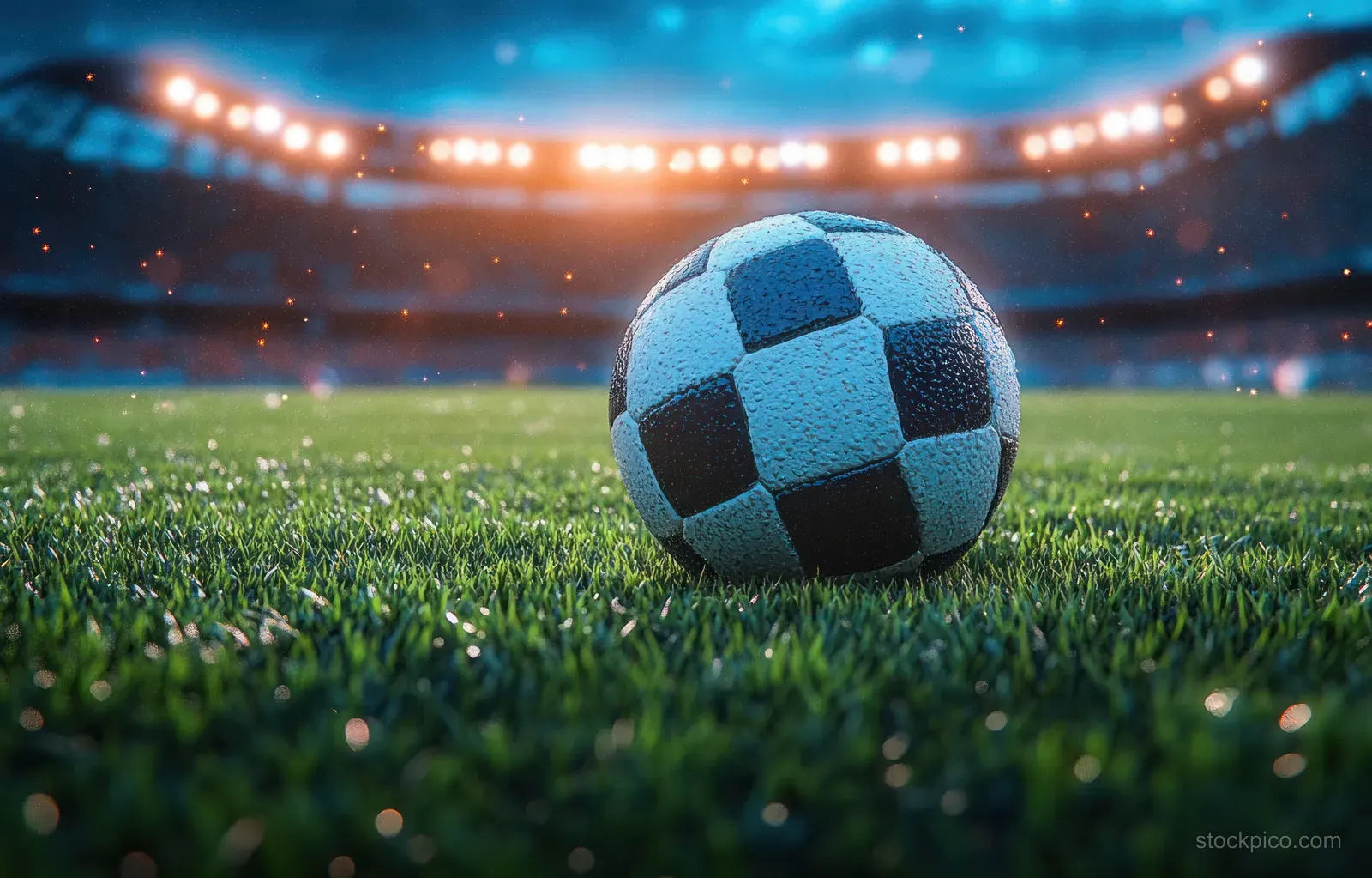 Wet black and blue soccer ball rests on damp green grass under bright stadium lights at night.