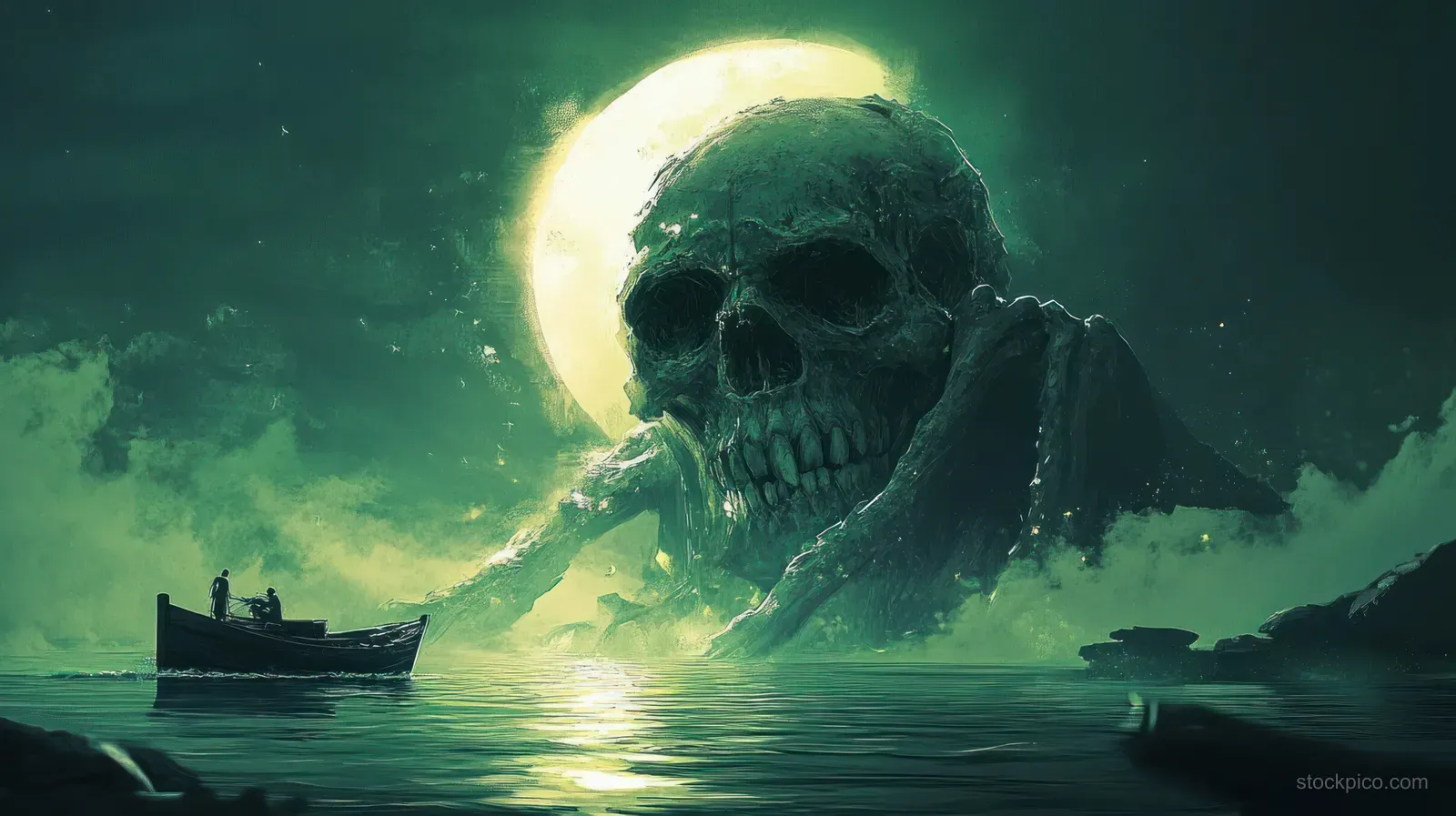 A giant skeleton guardian stands in green swamp water at night, with boats and moonlit reflections.