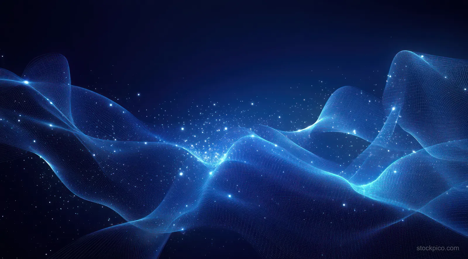 Abstract blue wave landscape with network lines and glowing points fading into a dark digital space.
